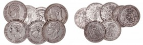 Alfonso XII
5 Pesetas. AR. Lote de 7 monedas. 1875, 1876, 1877, 1878 EMM, 1883, 1884 y 1885. Estrellas no visibles. (BC+ a BC-).
