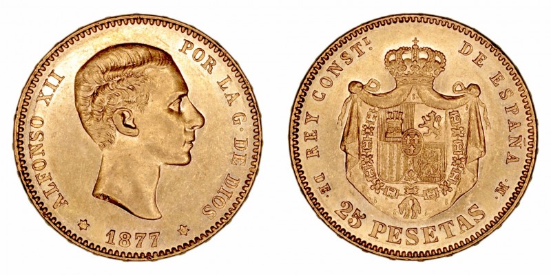 Alfonso XII
25 Pesetas. AV. 1877 *(18)-77 DEM. 8.08g. Cal.68 (2019). (EBC).