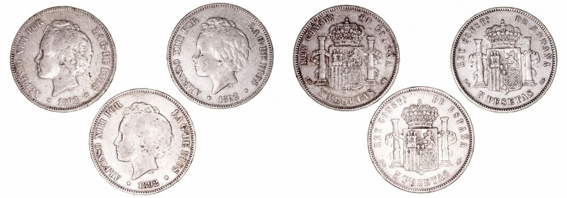 Alfonso XIII
5 Pesetas. AR. 1892 PGM. Lote de 3 monedas. Cal.100 (2019). Estrel...