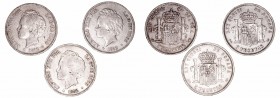 Alfonso XIII
5 Pesetas. AR. 1892 PGM. Lote de 3 monedas. Cal.100 (2019). Estrellas no visibles. (BC+ a BC).