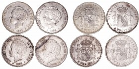 Alfonso XIII
5 Pesetas. AR. 1892 PGM. Lote de 4 monedas. Cal.100 (2019). Estrellas no visibles. (BC a BC-).