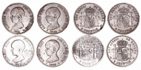 Alfonso XIII
5 Pesetas. AR. Lote de 4 monedas. 1888 MPM (2), 1891 y 1892 pelón. Cal.-. Estrellas no visibles. (BC+ a BC-).