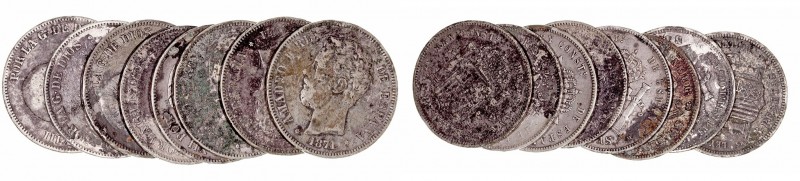 Lotes de Conjunto
5 Pesetas. AR. Lote de 8 monedas. 1871 (3), 1877, 1885, 1888,...