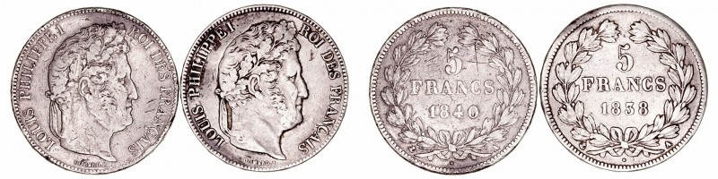Francia Luis Felipe I
5 Francos. AR. Lote de 2 monedas. 1838 A y 1840 A. KM.749...