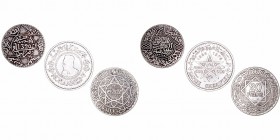 Marruecos
AR. Lote de 3 monedas. 5 Dírhams 1320 (1902), 20 Francos 1347 (1928) y 500 Francos 1375 (1956). MBC+ a BC+.