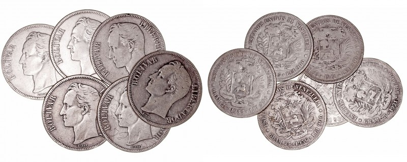 Venezuela
5 Bolívares. AR. Lote de 6 monedas. 1911, 1921, 1929, 1935 (2) y 1936...