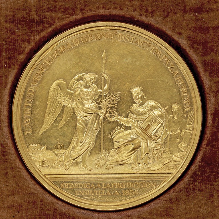 Medalla. AE. 1806. La Virtud vencedora de grandes obstáculos da paz a Europa. En...