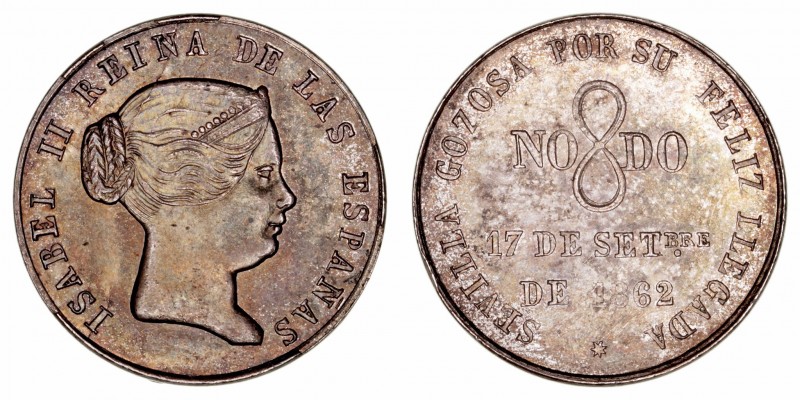 Isabel II
Medalla. AR. Visita a Sevilla, 17 Septiembre 1862. 7.31g. 23.00mm. VQ...