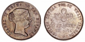Isabel II
Medalla. AR. Visita a Sevilla, 17 Septiembre 1862. 7.31g. 23.00mm. VQ. 14357. Tonalidad del tiempo. Muy escasa. (EBC+/EBC-).