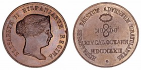 Isabel II
Medalla. AE. Visita a Sevilla, 14 Octubre 1862. 24.54g. 37.00mm. Vives 432. Bella pieza con bonito color. EBC+.