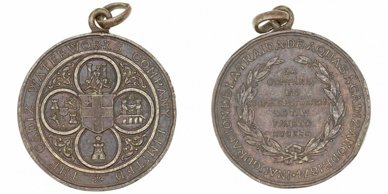 Medalla. AE. 1874. The Cadiz Waterworks Company Limited. Inauguración de la traí...