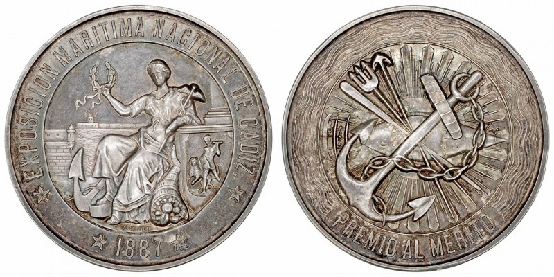 Medalla. AR. 1887. Exposición Marítima Nacional de Cádiz. Premio al Mérito. Grab...