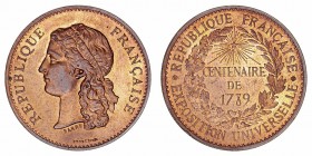 Medalla. AE. (1889). Exposición Universal. Centenario República Francesa 1789. Grabador Barre. 33.00mm. Conserva brillo original. SC/SC-.
