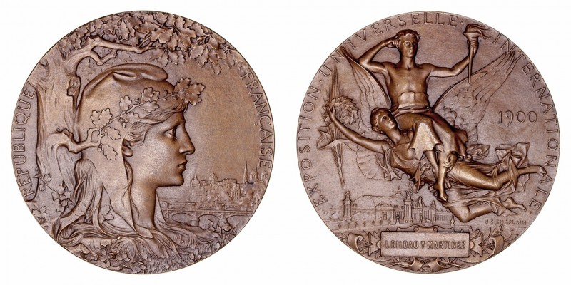 Medalla. AE. Exposición Universal de París 1900. Dedicada a Joaquín Bilbao Marti...