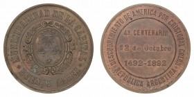 Medalla. AE. 1892. Municipalidad de la Capital, Buenos Aires. Descubrimiento de América por Cristóbal Colón, 4º Centenario 12 Octubre 1492-1892.. 44.0...