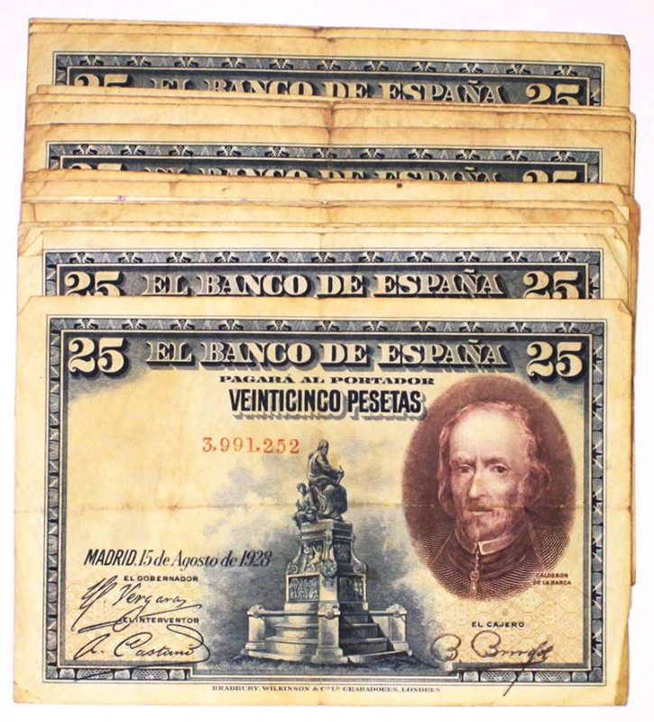 Banco de España
25 Pesetas. 15 agosto 1928. Sin serie. Lote de 23 billetes. ED....