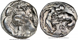 CALABRIA. Tarentum. Ca. 380-280 BC. AR diobol (12mm, 5h). NGC XF. Ca. 325-280 BC. Head of Athena right, wearing crested Attic helmet decorated with fi...