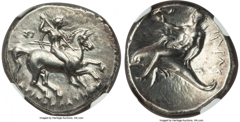 CALABRIA. Tarentum. Ca. 302-281 BC. AR stater or didrachm (22mm, 7.87 gm, 3h). N...