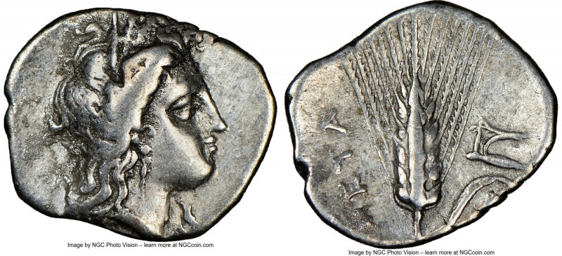 LUCANIA. Metapontum. Ca. 325-275 BC. AR diobol (13mm, 7h). NGC VF. Head of Demet...