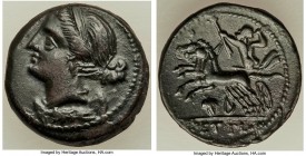 BRUTTIUM. The Bretti. Ca. 211-205 BC. AE reduced semuncia (18mm, 3.21 gm, 3h). XF. Winged and diademed bust of Nike left; thunderbolt below / Zeus, ho...