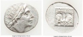 CARIAN ISLANDS. Rhodes. Ca. 88-84 BC. AR drachm (16mm, 2.61 gm, 11h). XF, die shift. Plinthophoric standard, Callixei(nos), magistrate. Radiate head o...