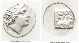CARIAN ISLANDS. Rhodes. Ca. 88-84 BC. AR drachm (16mm, 2.74 gm, 11h). About XF. Plinthophoric standard, Maes, magistrate. Radiate head of Helios right...