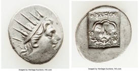 CARIAN ISLANDS. Rhodes. Ca. 88-84 BC. AR drachm (16mm, 2.21 gm, 11h). Choice XF. Plinthophoric standard, Thrasymedes, magistrate. Radiate head of Heli...