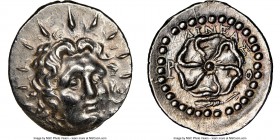 CARIAN ISLANDS. Rhodes. Ca. 84-30 BC. AR drachm (20mm, 3.95 gm, 1h). NGC Choice AU 5/5 - 4/5. Aineas, magistrate. Radiate head of Helios facing, turne...