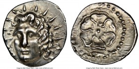 CARIAN ISLANDS. Rhodes. Ca. 84-30 BC. AR drachm (20mm, 11h). NGC AU, brushed. Radiate head of Helios facing, turned slightly left, hair parted in cent...