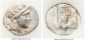 LYCIAN LEAGUE. Masicytes. Ca. 48-20 BC. AR hemidrachm (16mm, 1.75 gm, 1h). AU. Series 3. Laureate head of Apollo right; Λ-Y below / M-A, cithara (lyre...
