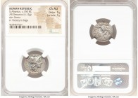 Spurius Afranius (ca. 150 BC). AR denarius (19mm, 4.12 gm, 8h). NGC Choice AU 5/5 - 5/5. Rome. Head of Roma right, wearing winged helmet decorated wit...