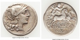 Spurius Afranius (ca. 150 BC). AR denarius (18mm, 3.75 gm, 5h). VF. Rome. Head of Roma right, wearing winged helmet decorated with griffin crest, X (m...