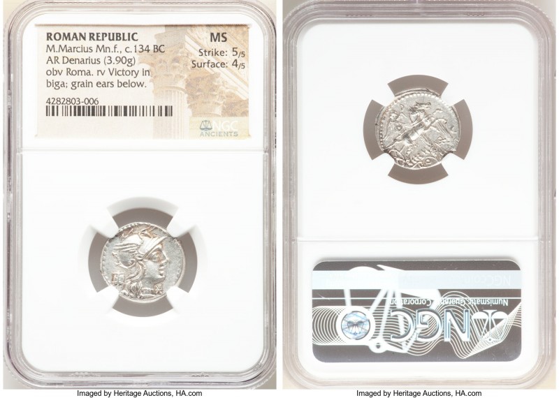 M. Marcius Mn.f. (ca. 134 BC). AR denarius (19mm, 3.90 gm, 5h). NGC MS 5/5 - 4/5...