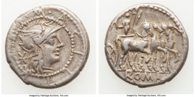 M. Acilius M.f. (ca. 130 BC). AR denarius (18mm, 3.84 gm, 11h). VF. Rome. M•ACILIVS•M•F•, head of Roma right, wearing winged helmet surmounted by grif...