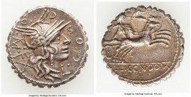 C. Malleolus C. f. (118 BC). AR serrate denarius (19mm, 3.85 gm, 3h). XF. Narbo. C•MA-L-LE-•C F, head of Roma right, wearing winged helmet decorated w...