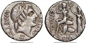 A. Postumius S.f. Albinus, L. Caecilius L.f.Q.n. Metellus Delmaticus and C. Publicius Malleolus (ca. 96 BC). AR denarius (18mm, 10h). NGC Choice VF. R...