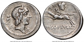 L. Calpurnius Piso Frugi (90 BC). AR denarius (20mm, 11h). NGC Choice VF. Rome. Laureate head of Apollo right; owl on ground line behind; barred X (ma...
