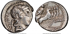 C. Vibius C. f. Pansa (ca. 90 BC). AR denarius (18mm, 1h). NGC VF. Rome. PANSA, laureate head of Apollo right with flowing hair; S before / C•VIBIVS•C...