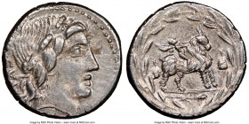 Mn. Fonteius C.f. (ca. 85 BC). AR denarius (18mm, 1h). NGC Choice XF. Rome. MN•FONTEI-C F (MN and NT ligate, not visible), laureate head of Apollo-Vej...