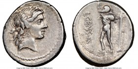 L. Marcius Censorinus (82 BC). AR denarius (18mm, 5h). NGC Choice VF. Rome. Laureate head of Apollo right / L•CENSOR, Satyr Marsyas walking left, rais...