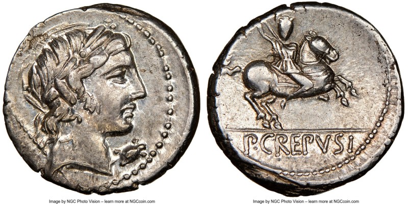 Pub. Crepusius (82 BC). AR denarius (17mm, 7h). NGC AU. Rome. Laureate head of A...