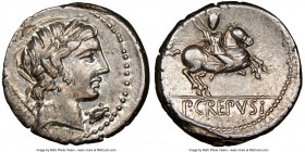 Pub. Crepusius (82 BC). AR denarius (17mm, 7h). NGC AU. Rome. Laureate head of Apollo right; scepter and uncertain symbol behind, turtle below chin / ...