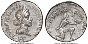 Augustus (27 BC-AD 14). AR denarius (19mm, 3h). NGC Choice VF, bankers mark. Rome, ca. 19/18 BC, P. Petronius Turpilianus, moneyer. TVRPILIANVS-•III V...