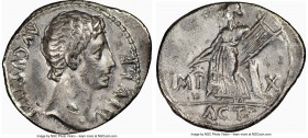 Augustus (27 BC-AD 14). AR denarius (20mm, 8h). NGC VF, bankers marks. Lugdunum, ca. 15-13 BC. AVGVSTVS-DIVI•F, bare head of Augustus right / IMP-X, A...
