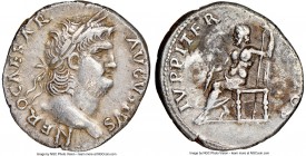 Nero (AD 54-68). AR denarius (18mm, 3.28 gm, 7h). NGC Choice VF 4/5 - 2/5. Rome, ca. AD 64-65. NERO CAESAR-AVGVSTVS, laureate head of Nero right / IVP...