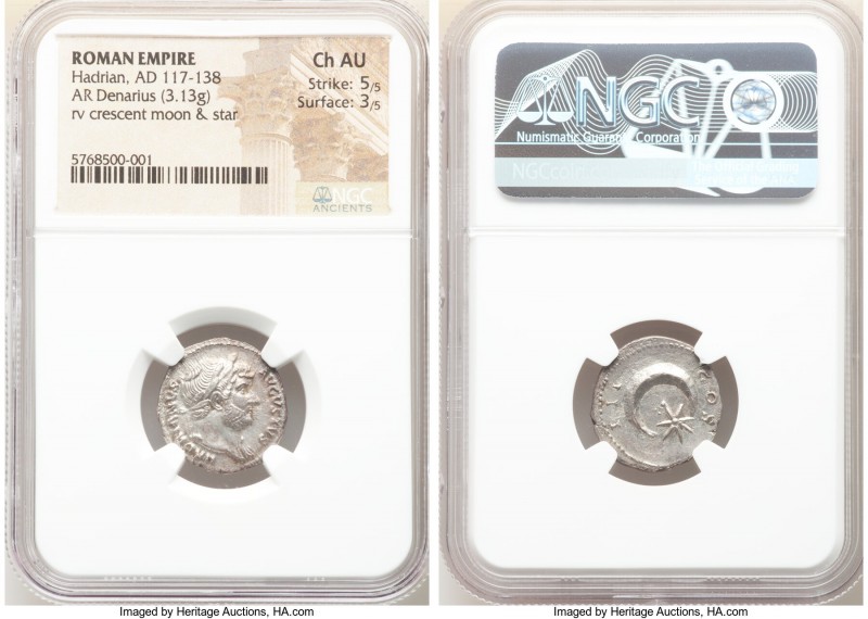 Hadrian (AD 117-138). AR denarius (19mm, 3.13 gm, 5h). NGC Choice AU 5/5 - 3/5. ...