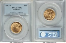 Victoria gold "St. George" Sovereign 1883-S MS62 PCGS, Sydney mint, KM7. Some stacking friction to the highest design points, but otherwise a premium ...