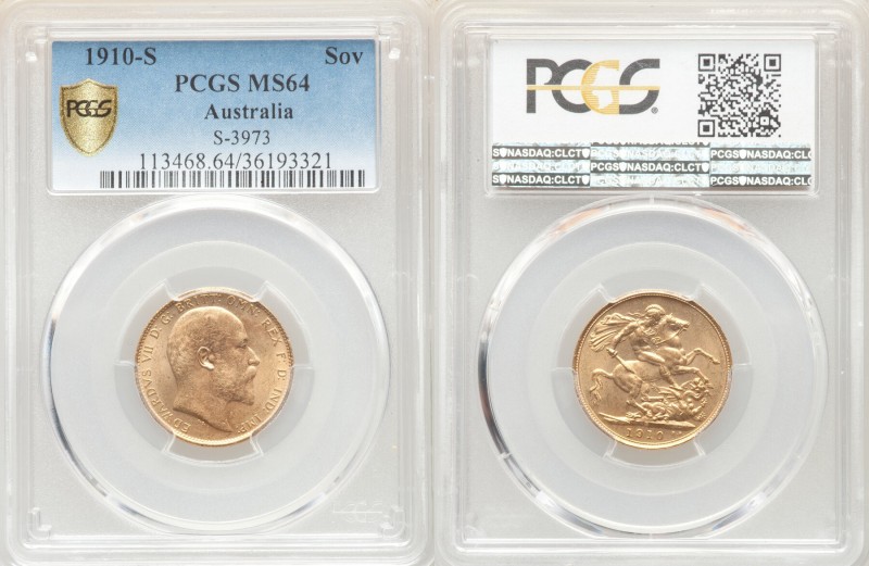 Edward VII gold Sovereign 1910-S MS64 PCGS, Sydney mint, KM15, S-3973. AGW 0.235...