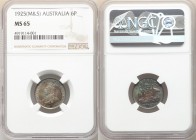 George V 6 Pence 1925-(m & sy) MS65 NGC, Melbourne or Sydney mint, KM25. Deeply toned in stormy shades of color. 

HID09801242017

© 2020 Heritage...