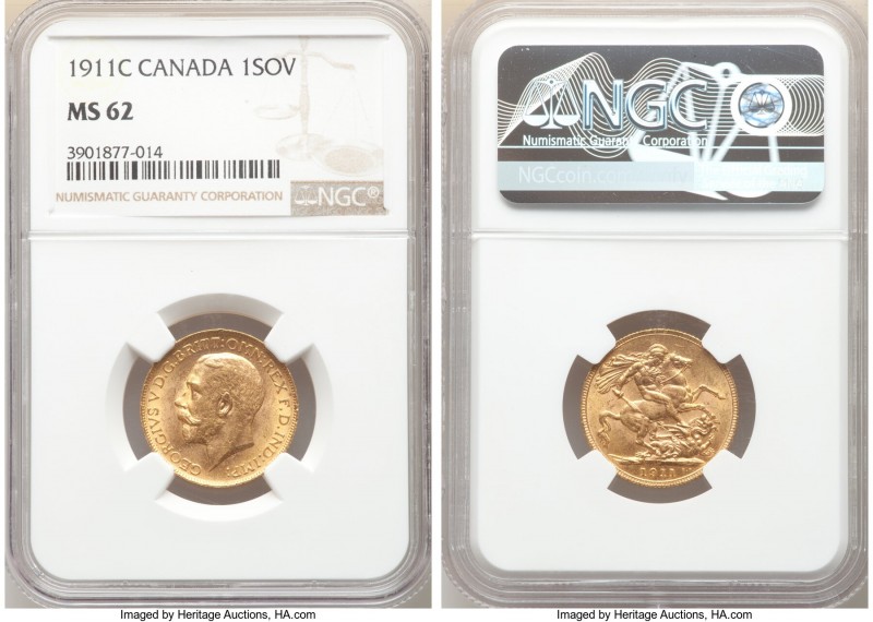 George V gold Sovereign 1911-C MS62 NGC, Ottawa mint, KM20. AGW 0.2355 oz. 

H...